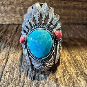 Turquoise Cuff Ring Inspired by Native American Headdress, Genuine‎ Sterling Sil